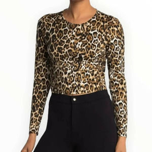 WAYF Brown Leopard Print Tight Fit Long Sleeve Stretch Cropped Top Sz XL
